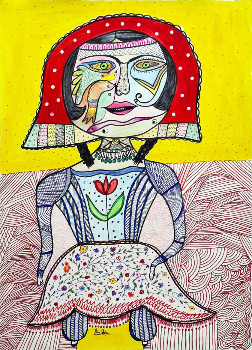 Colorful drawing of a person with a red headscarf and patterned dress on a yellow background