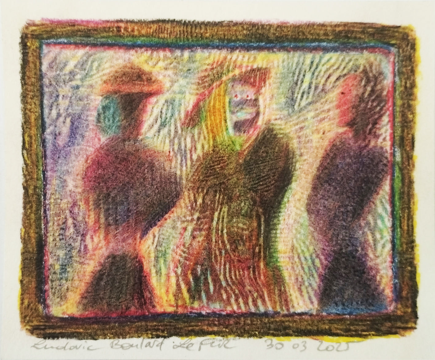 Abstract artwork with colorful figures and a textured border