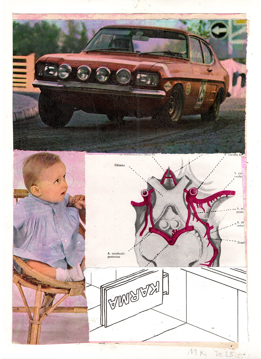 Collage of a car on a track, a baby in a high chair, and a diagram with 'Karma' branding.