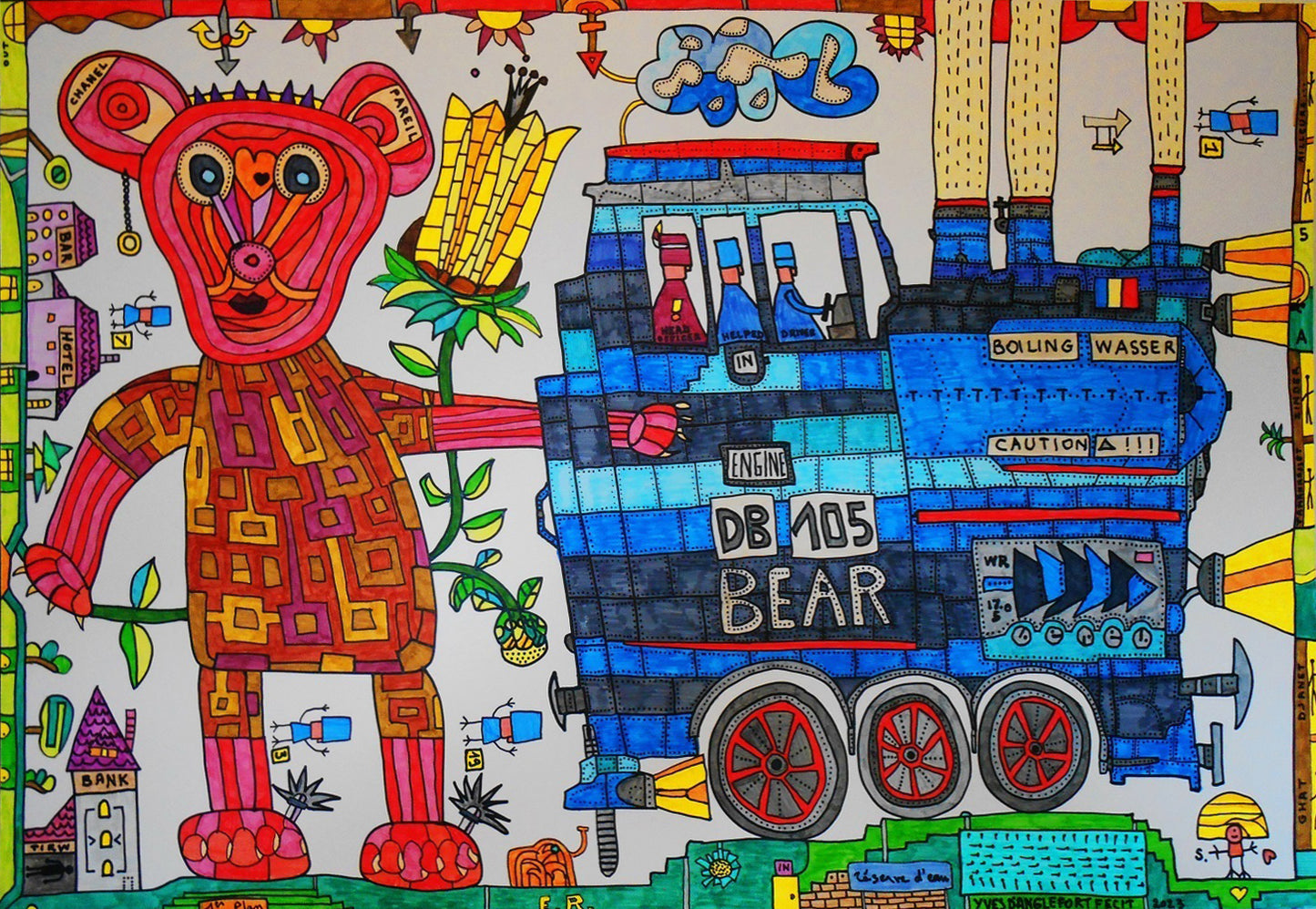 Colorful artwork of a bear with a truck and flowers on a white background