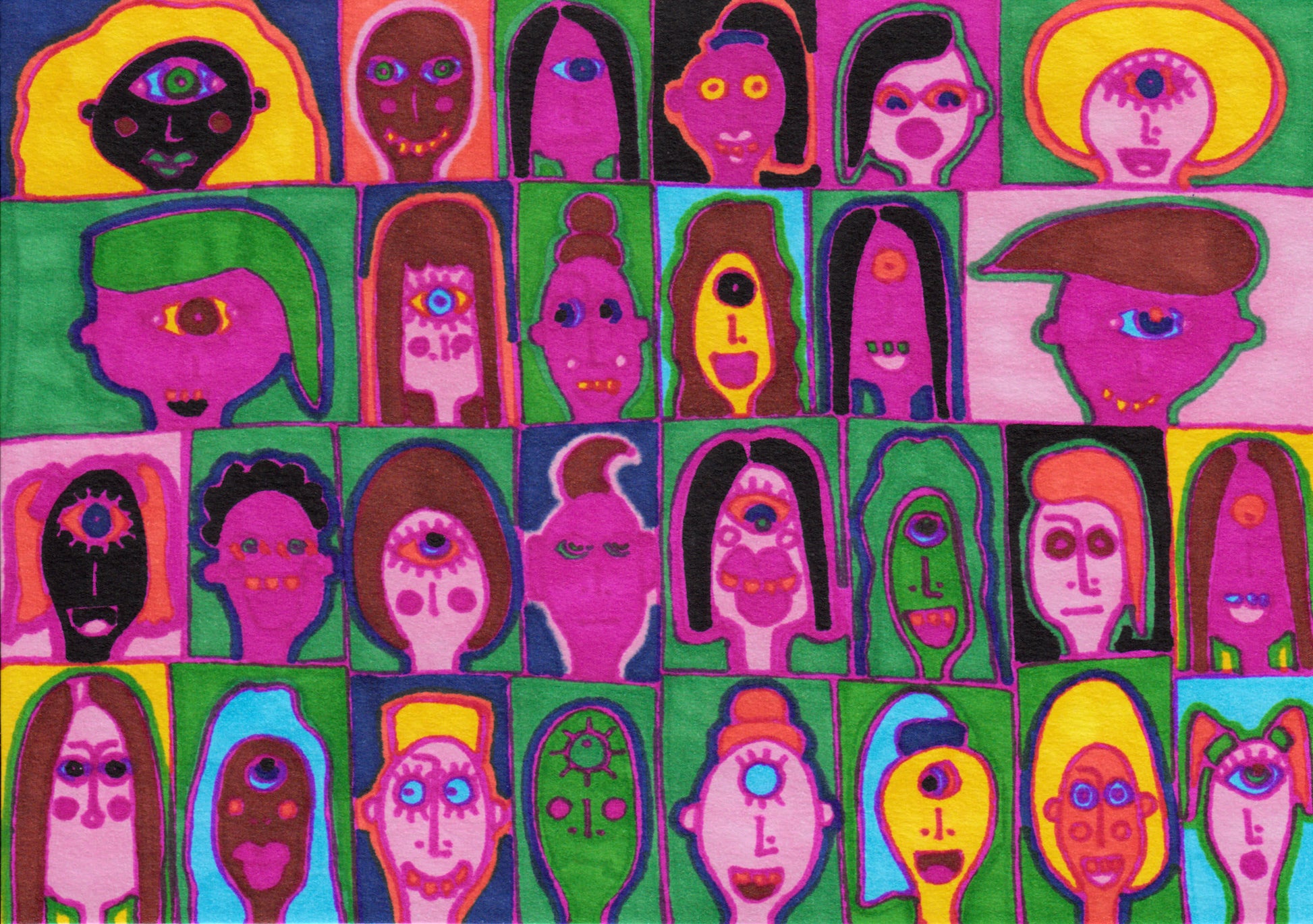 Colorful abstract art with multiple stylized faces in a grid pattern