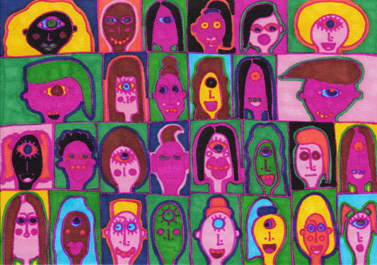 Colorful abstract art with multiple stylized faces in a grid pattern