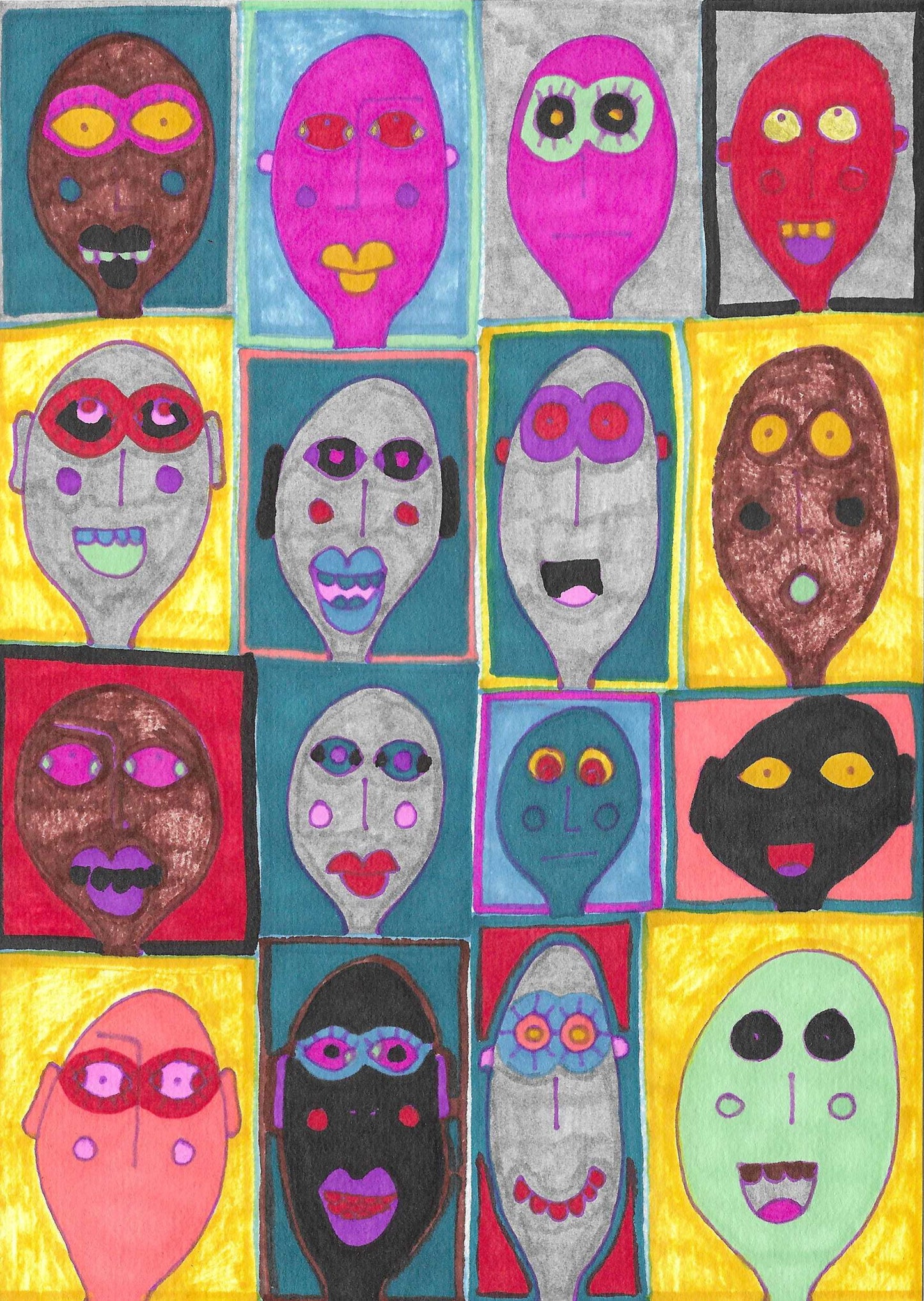 Grid of colorful abstract face drawings on a multicolored background