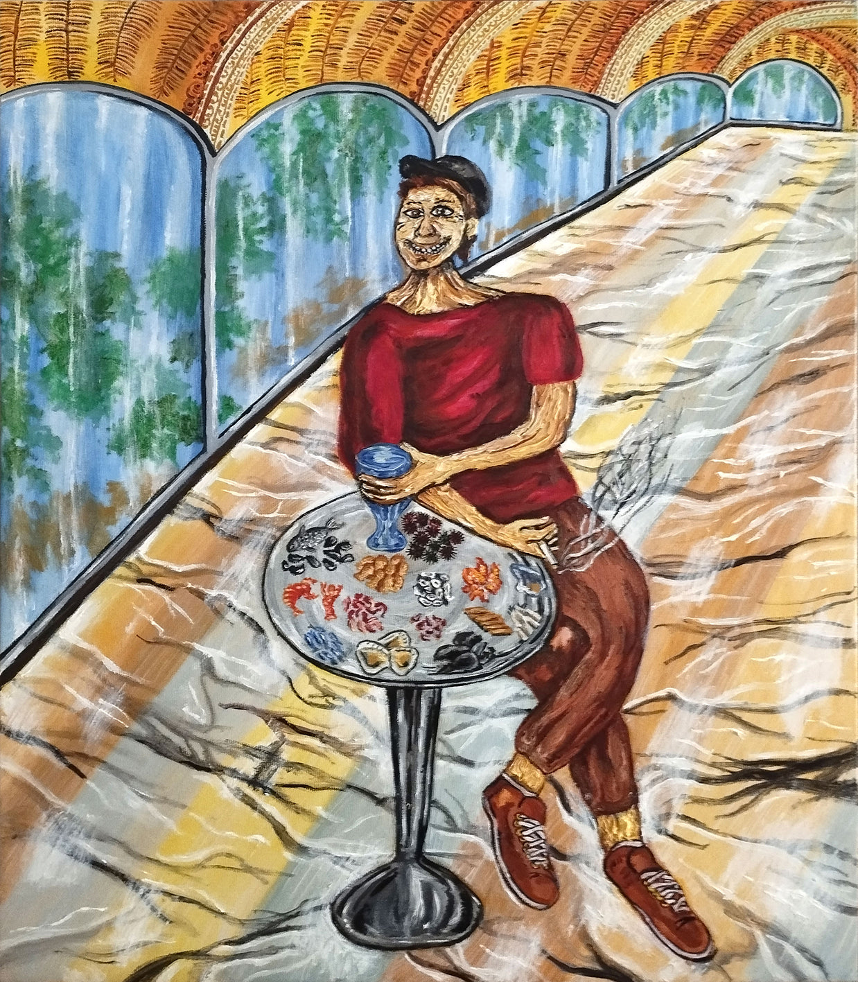 Artistic depiction of a person with a tray and glass, set against a decorative background