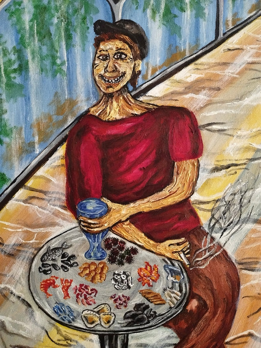 Artistic depiction of a person in a red dress with a tray of food and a blue glass, set against a natural background.