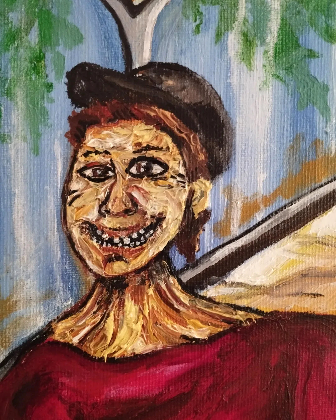 Painting of a person with a mask and red garment against a blue and green background