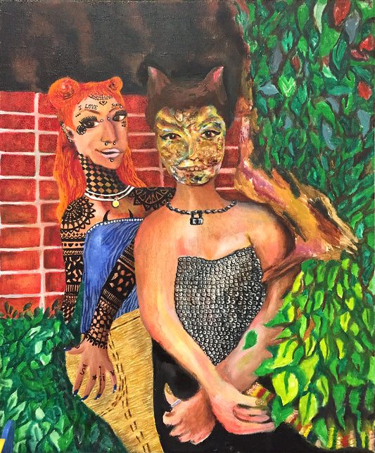 Two women with animal-themed face paint standing against a brick wall with greenery.