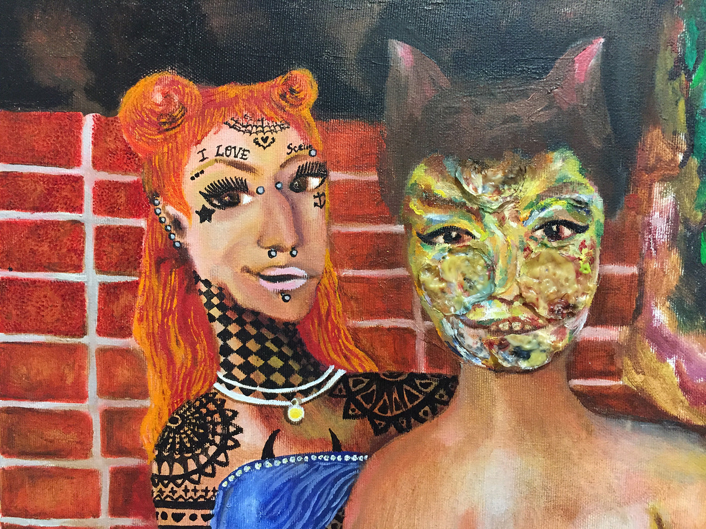 Two stylized figures with vibrant colors against a brick wall background