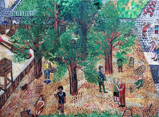 Artwork of a village scene with people and trees