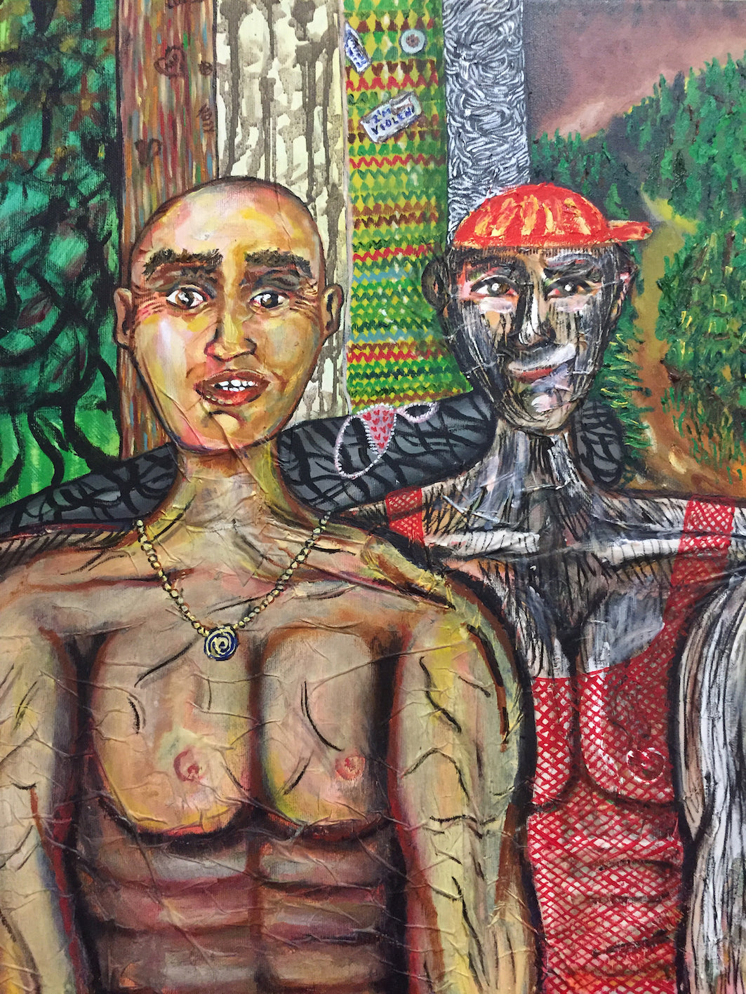 Artistic depiction of two figures with a forest background