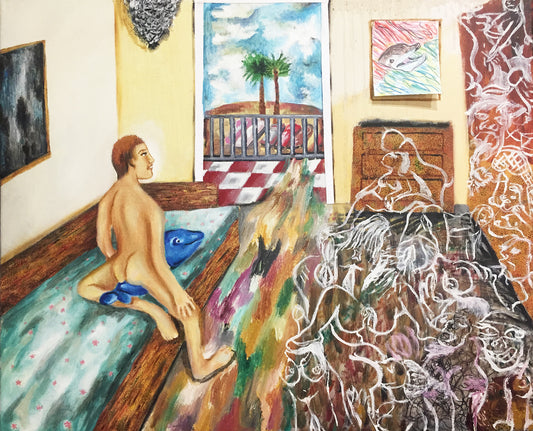 Artistic depiction of a bedroom scene with figures and abstract elements.