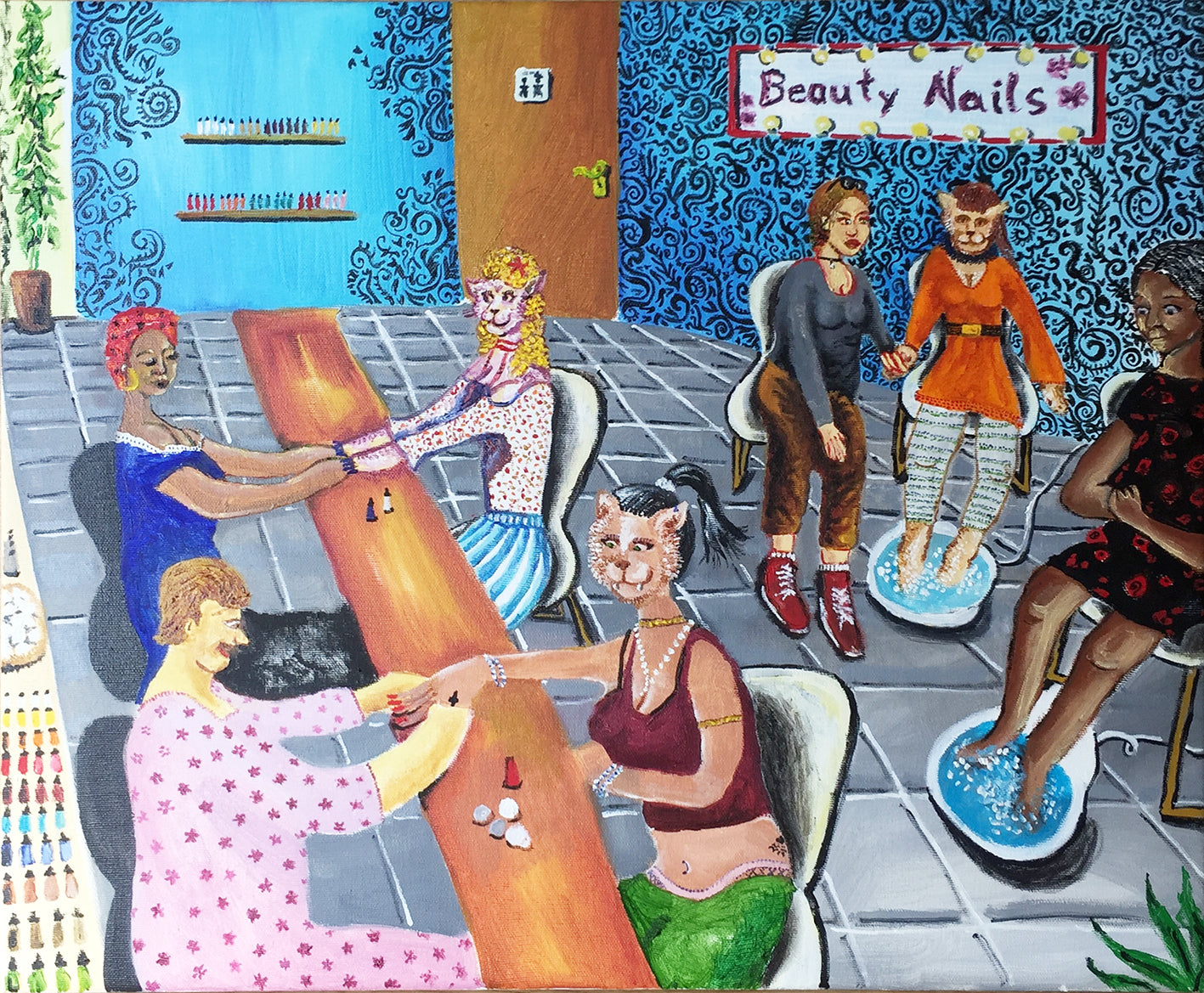 Painting of a nail salon with various characters getting nail services.