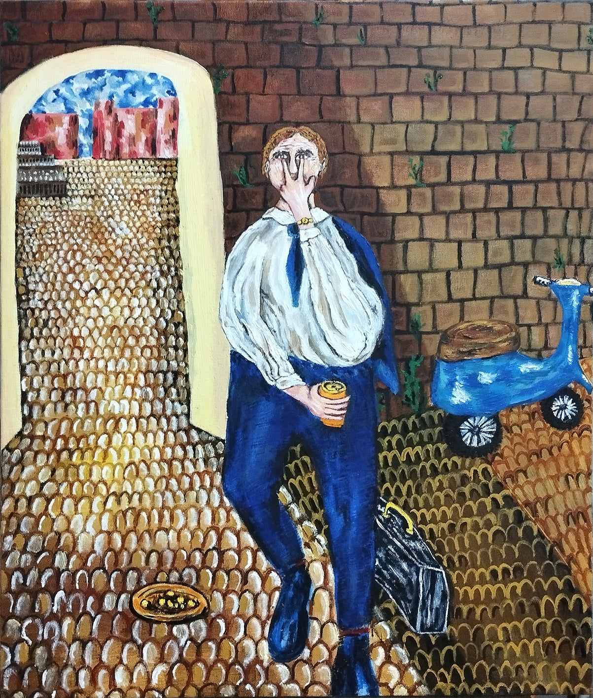 Artistic depiction of a person standing in front of a brick wall with a door, holding a cup.