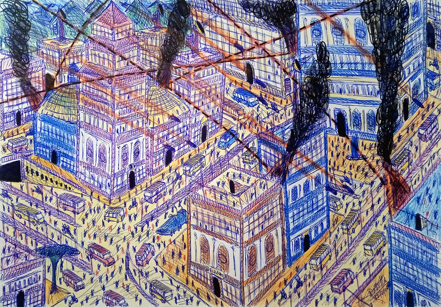 Colorful abstract art of a cityscape with geometric patterns