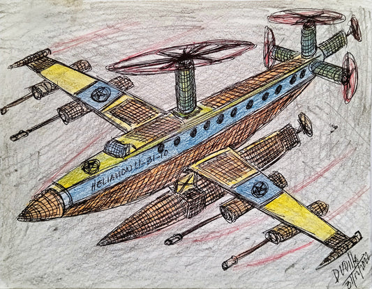 Colorful drawing of a futuristic aircraft on textured paper