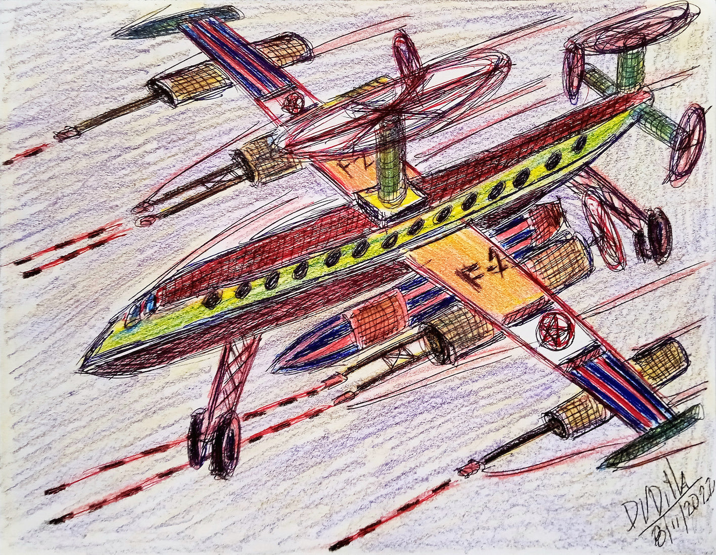 Colorful drawing of a stylized airplane on a textured background