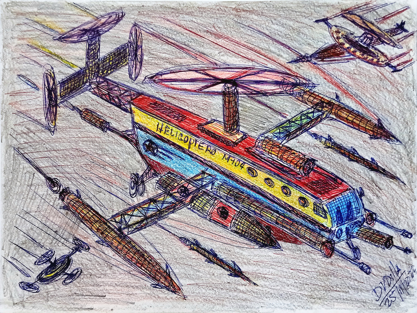 Colorful drawing of a helicopter on a textured background