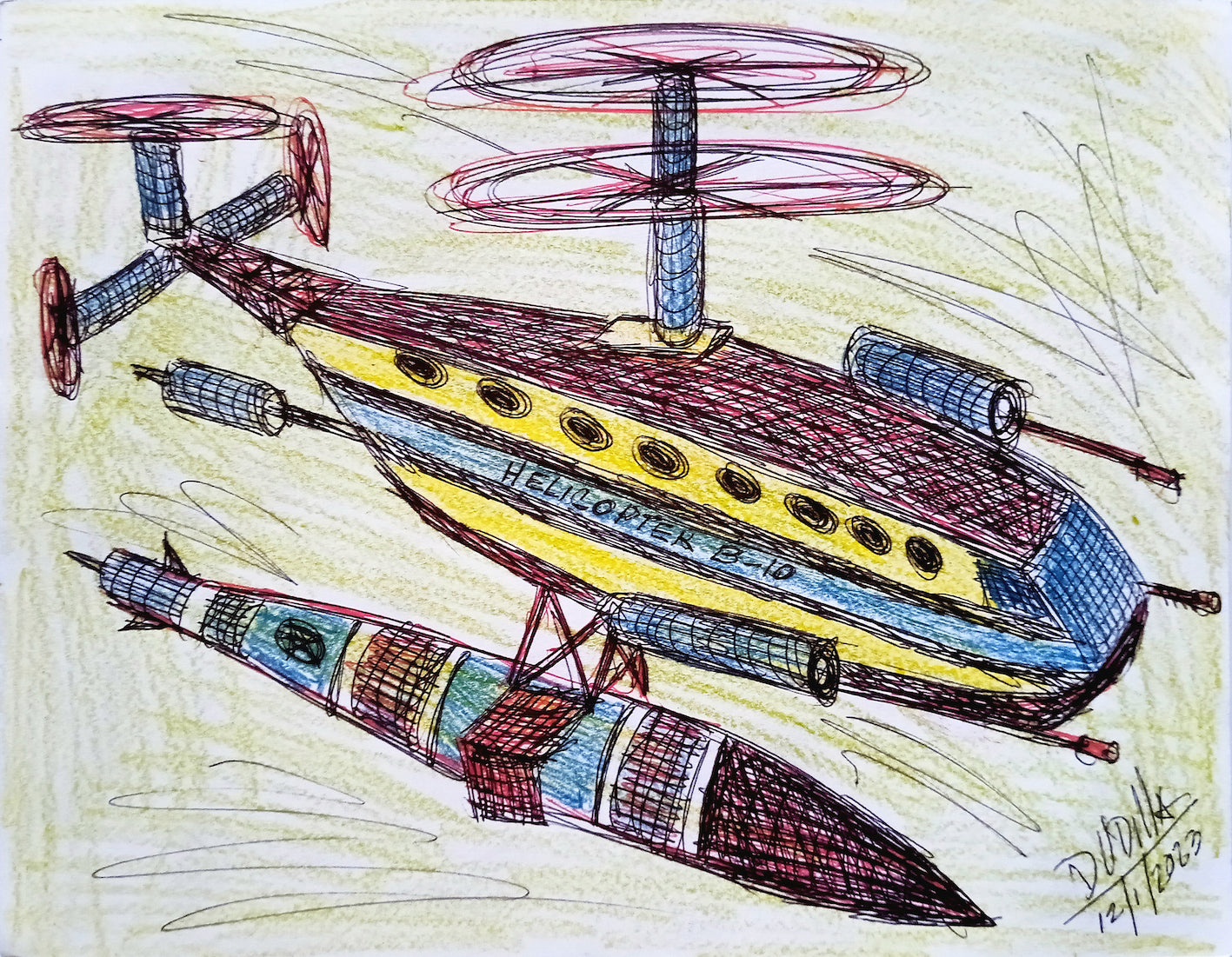 Colorful drawing of a helicopter on a light yellow background