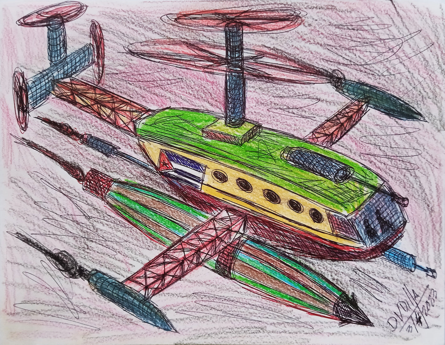 Colorful drawing of a helicopter on a pink background