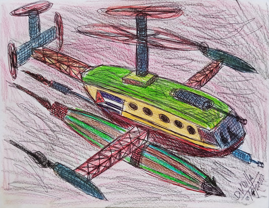 Colorful drawing of a helicopter on a pink background