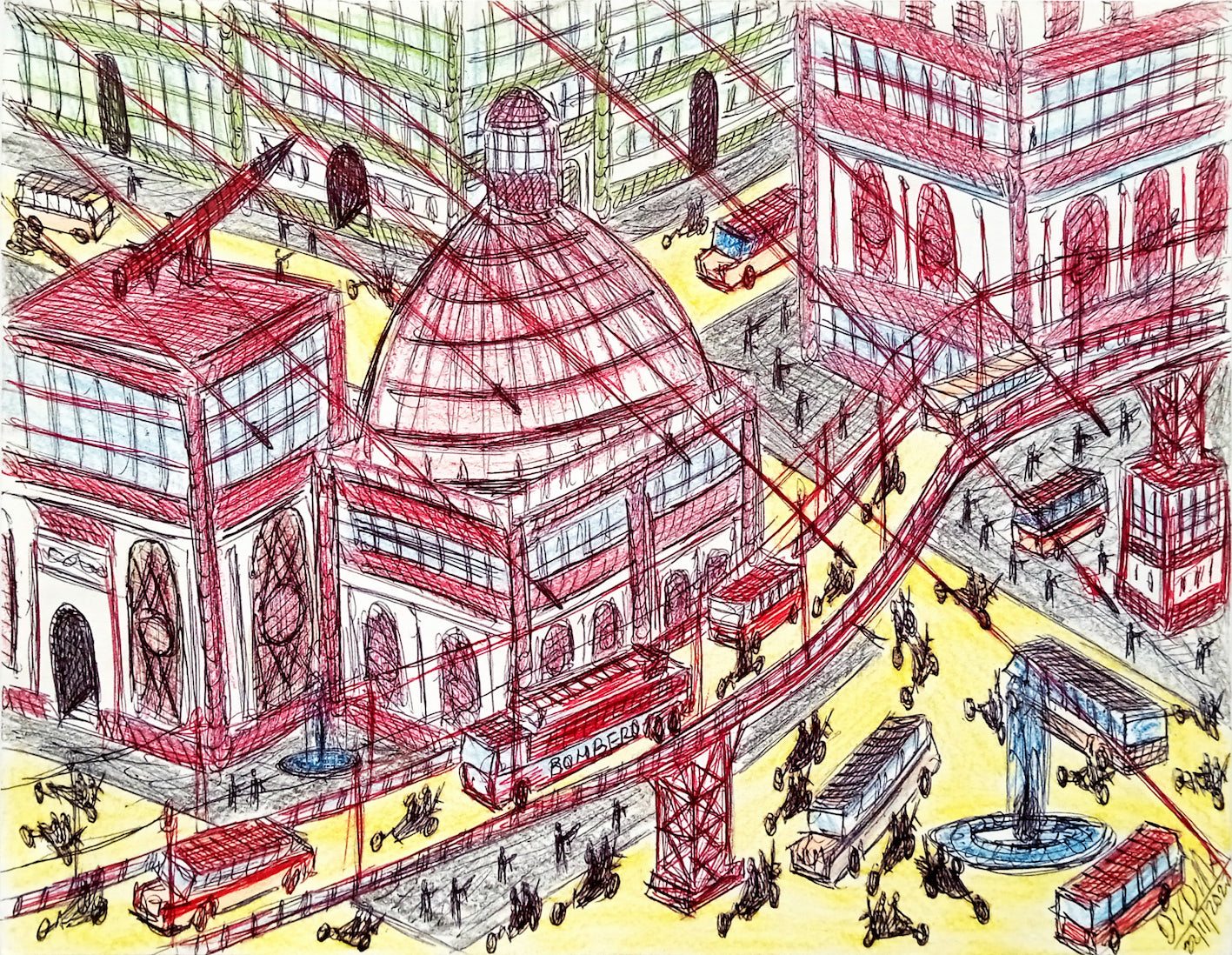 Drawing of a cityscape with buildings, buses, and people in a detailed architectural style.