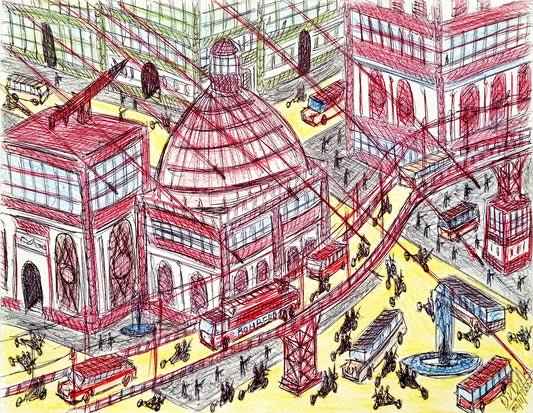 Drawing of a cityscape with buildings, buses, and people in a detailed architectural style.