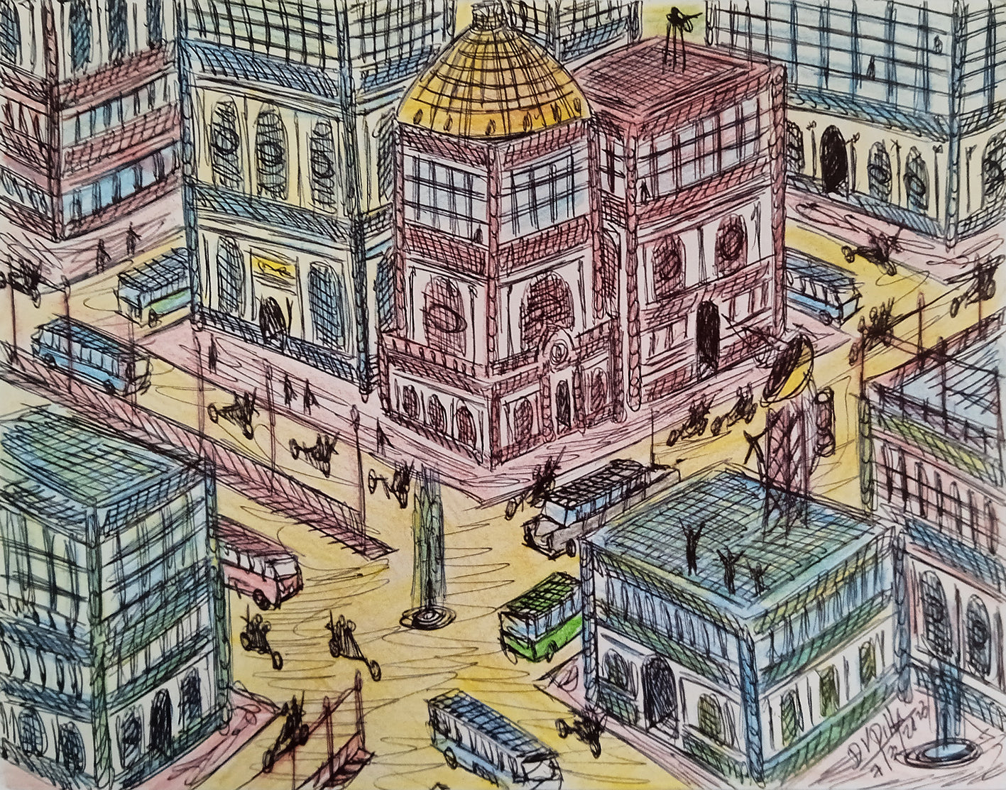 Colorful drawing of a cityscape with buildings and people