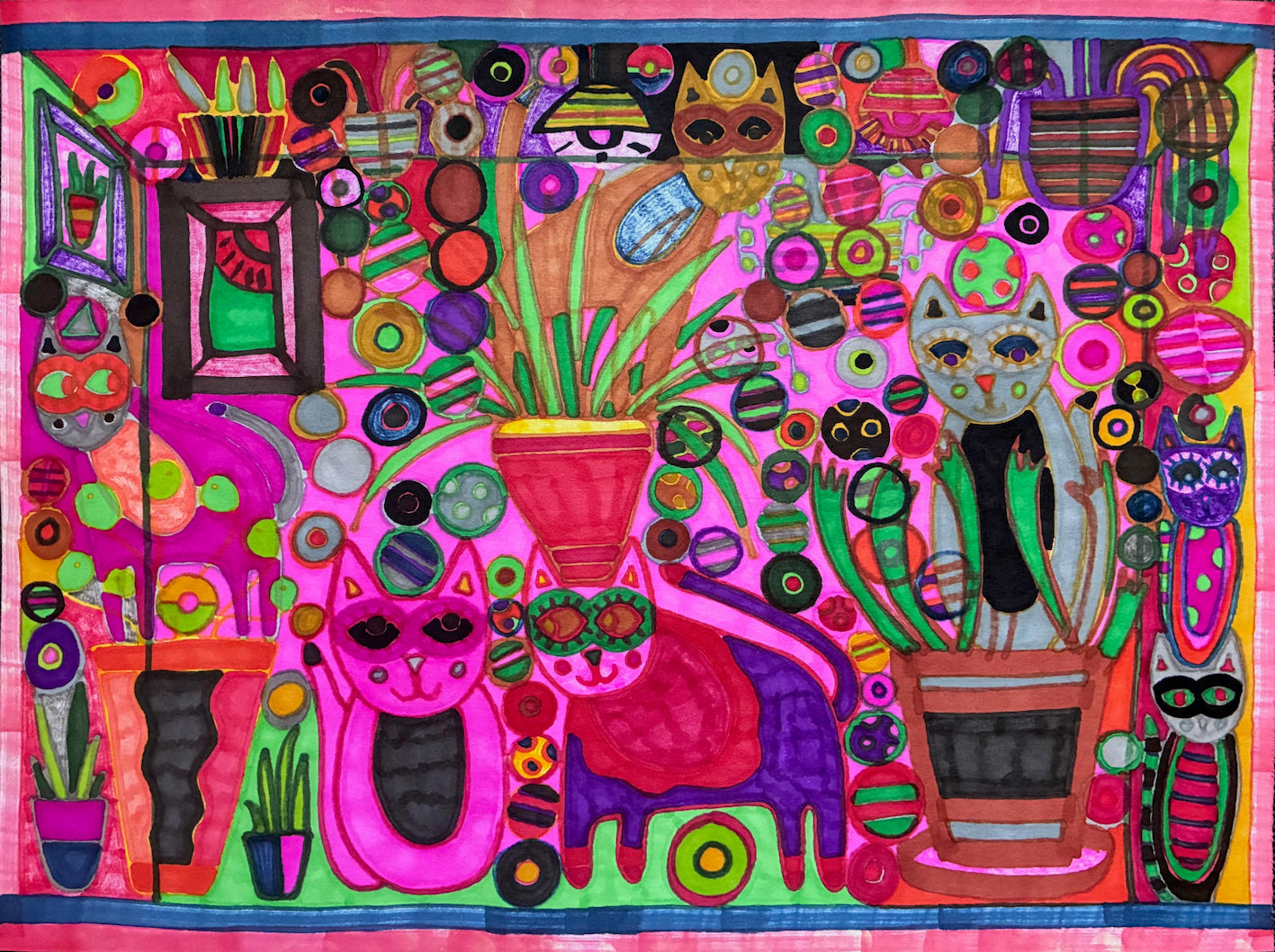 Colorful abstract artwork with cats and geometric shapes on a pink background