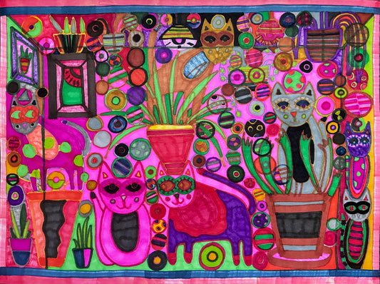 Colorful abstract artwork with cats and geometric shapes on a pink background