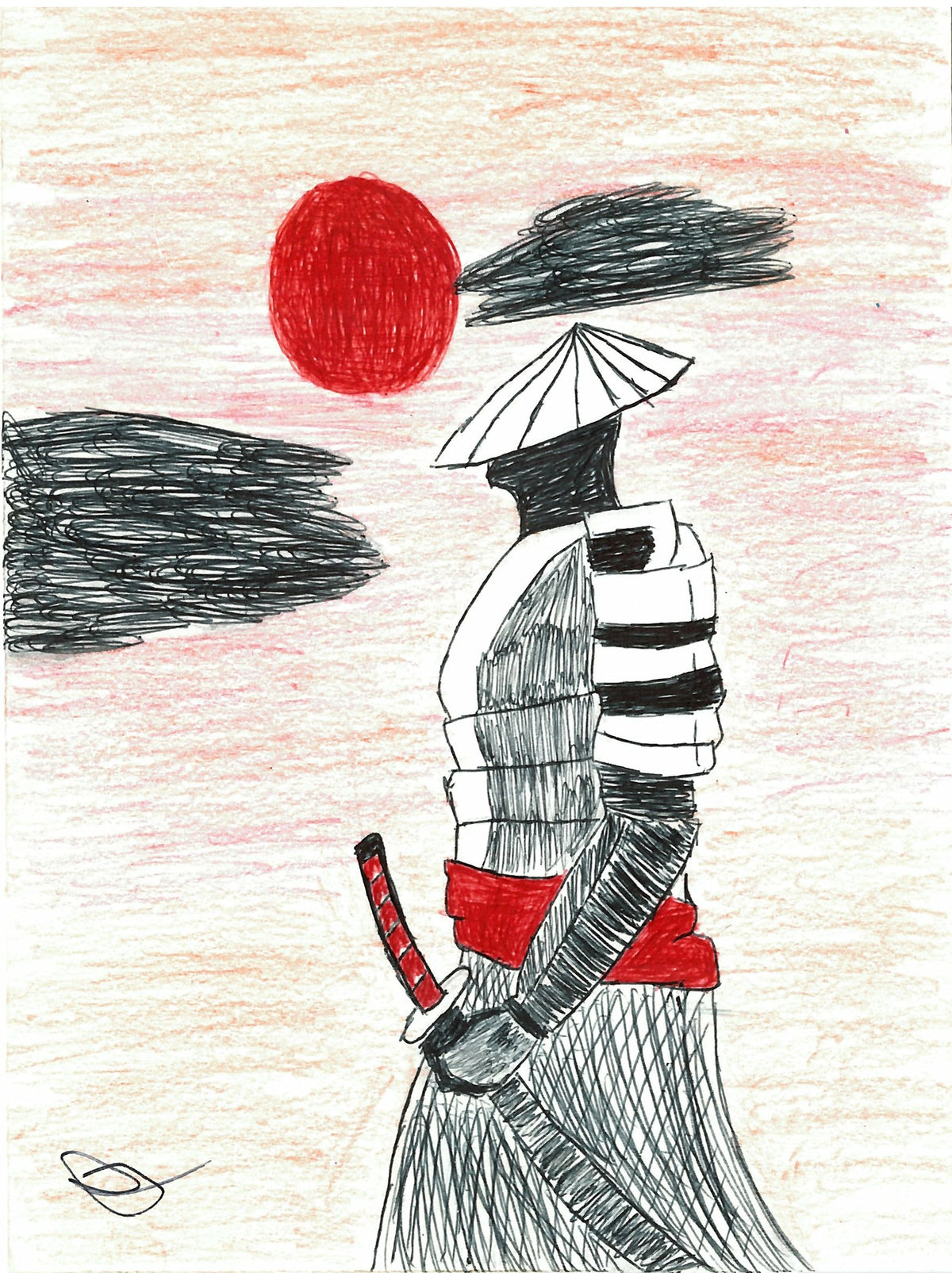 A colored pencil and ink drawing of a samurai warrior in profile, wearing black and white armor with a red sash and a red sun on a light pink and beige background.