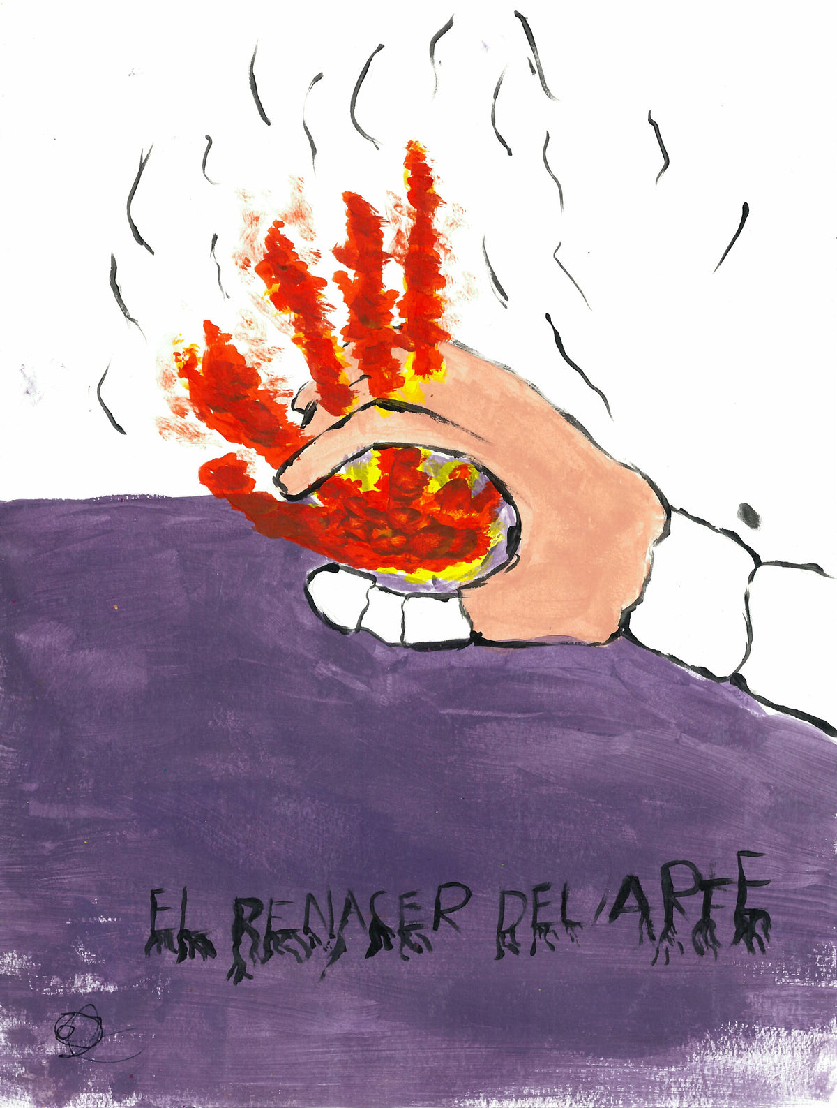 A stylized artwork showing a hand holding a glowing red and yellow orb above a purple painted background with black text reading 'EL RENACER DEL ARTE'.
