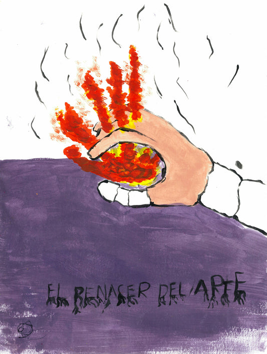 A stylized artwork showing a hand holding a glowing red and yellow orb above a purple painted background with black text reading 'EL RENACER DEL ARTE'.