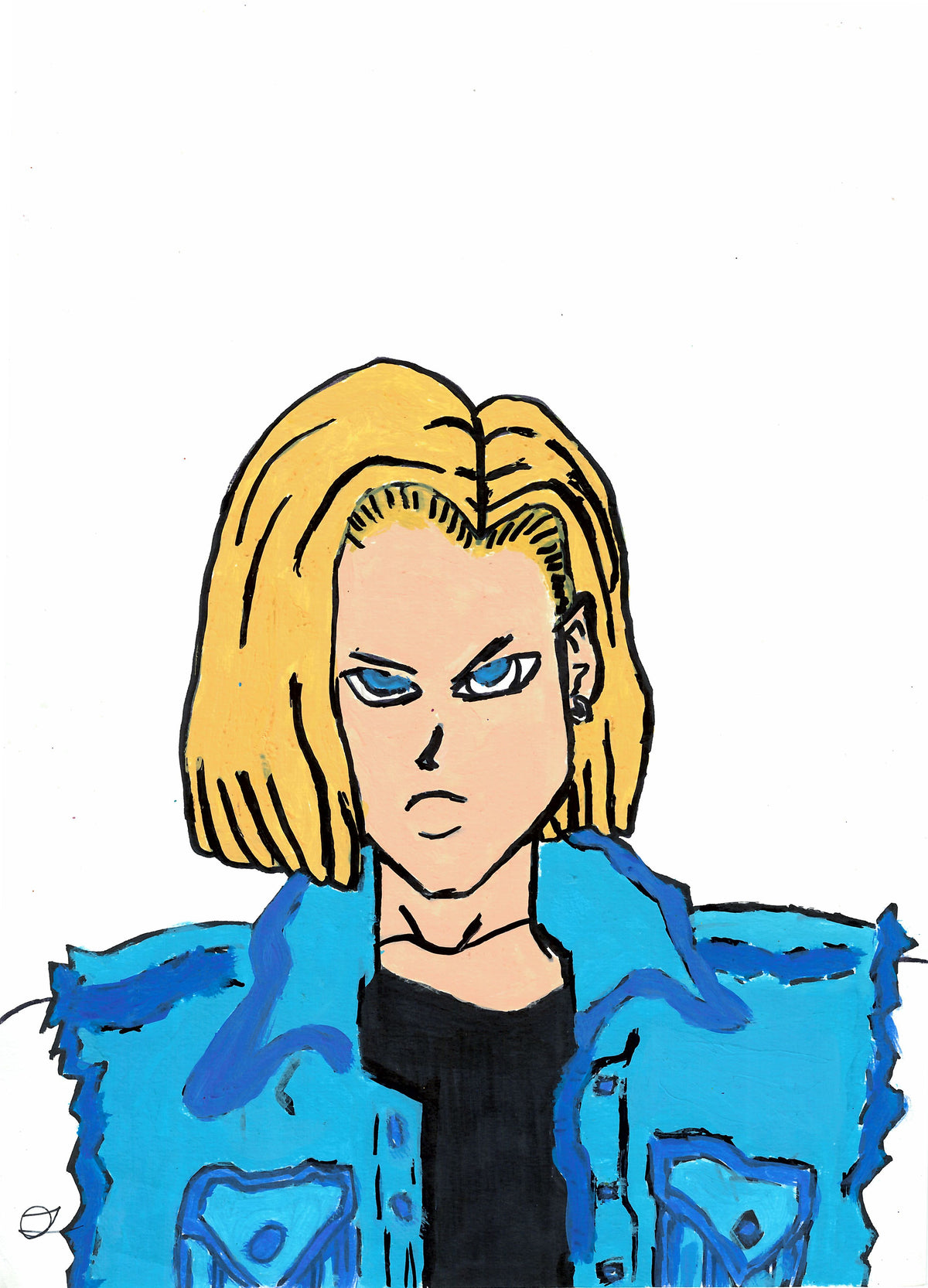A stylized cartoon illustration of a person with shoulder-length blonde hair, blue eyes, a black shirt, and a bright blue jacket on a plain white background.