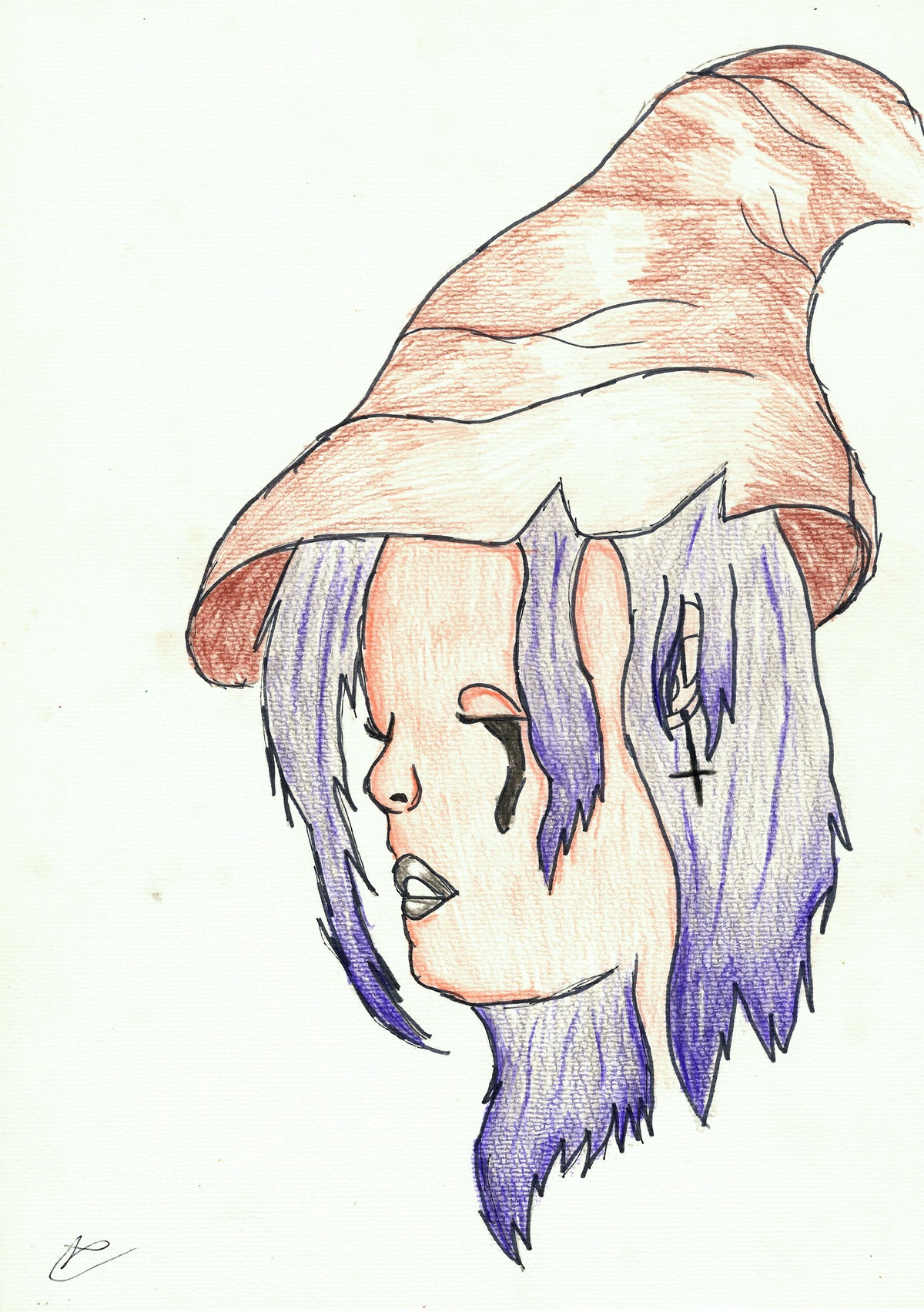 A hand-drawn illustration of a person in profile wearing a tall pointed hat, with purple hair and a pale face, rendered in pencil or charcoal on a white background.