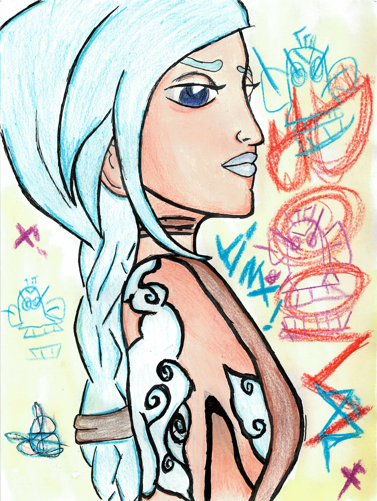A stylized portrait drawing of a woman in profile with long light blue hair, outlined in black, with colorful scribbled graffiti-like marks in red, blue, and purple on a pale yellow background.
