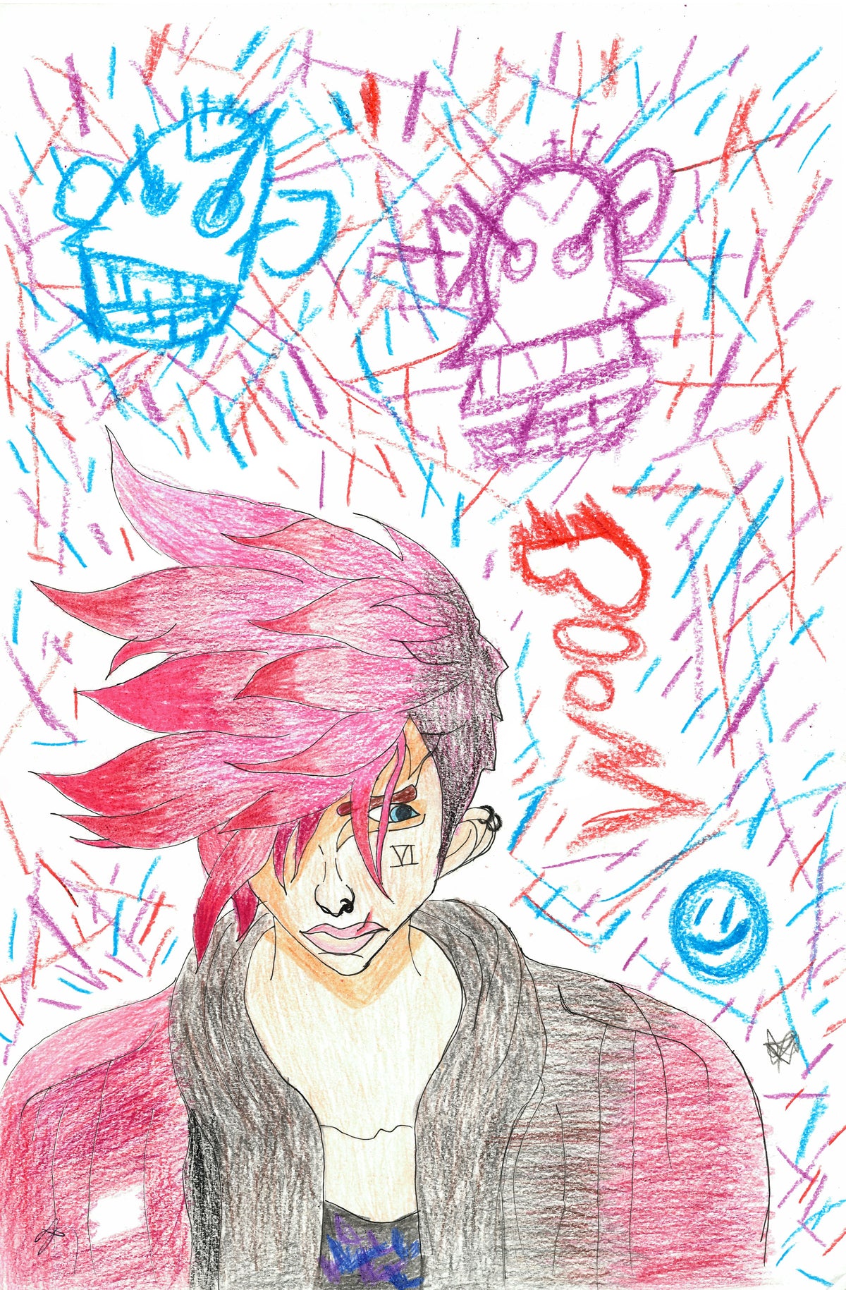 A colorful hand-drawn anime-style portrait of a character with bright pink hair, wearing a gray jacket over a white shirt, surrounded by scribbled multicolored doodles and the word 'BOOM' on a white background.