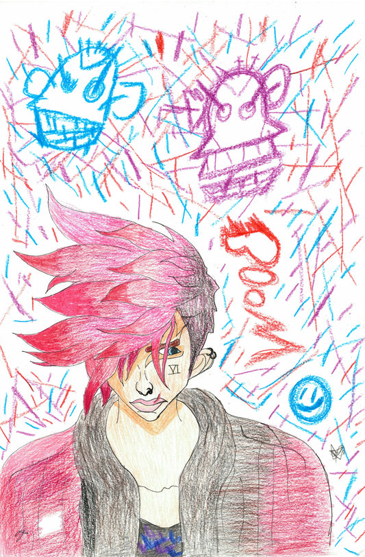 A colorful hand-drawn anime-style portrait of a character with bright pink hair, wearing a gray jacket over a white shirt, surrounded by scribbled multicolored doodles and the word 'BOOM' on a white background.