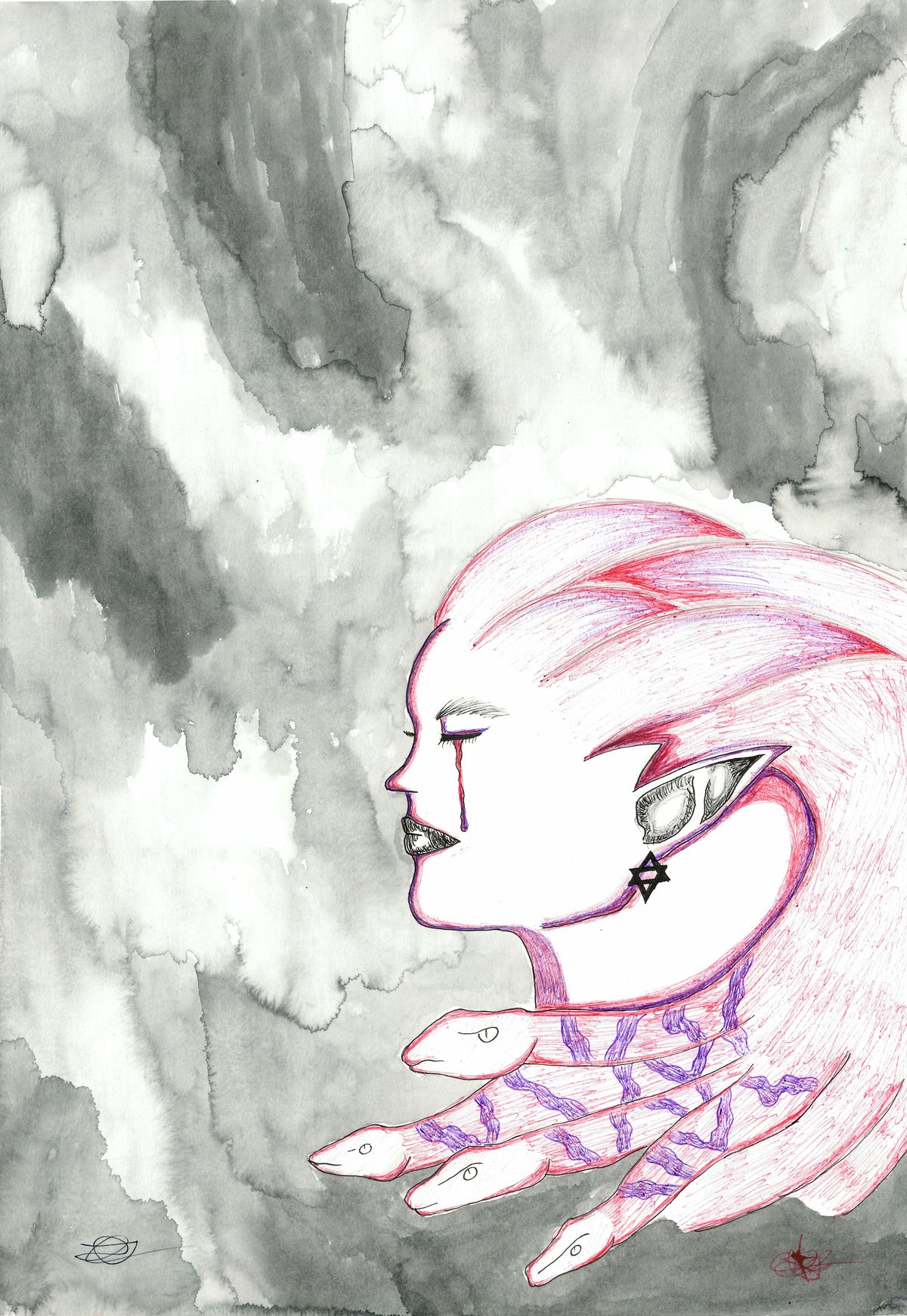 Watercolor and ink illustration of a side-profile human figure with pink hair, pointed ears, closed eyes, and purple patterned hands against a smoky gray and white watercolor background.