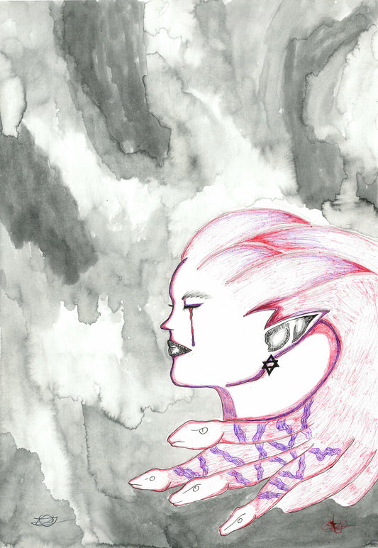 Watercolor and ink illustration of a side-profile human figure with pink hair, pointed ears, closed eyes, and purple patterned hands against a smoky gray and white watercolor background.