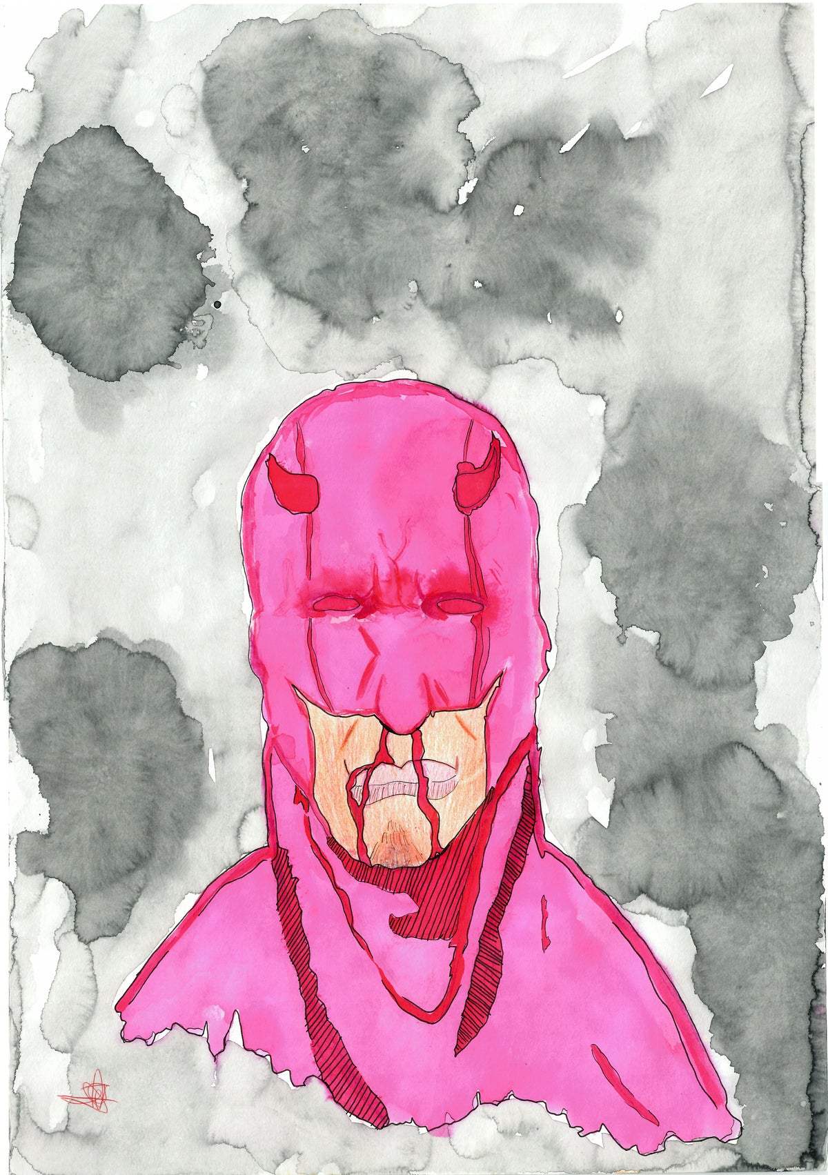 Watercolor illustration of a superhero bust in bright pink and red tones, set against a gray and white watercolor wash background.