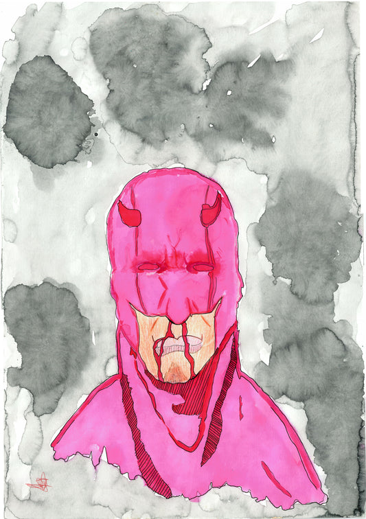 Watercolor illustration of a superhero bust in bright pink and red tones, set against a gray and white watercolor wash background.