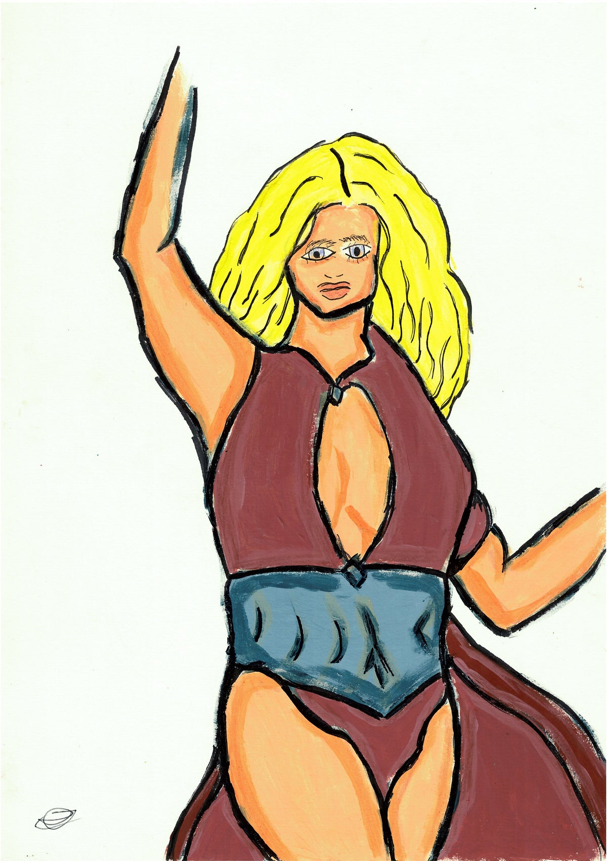 A hand-drawn illustration of a woman with bright yellow hair, wearing a maroon top and blue bottoms, set against a plain white background.