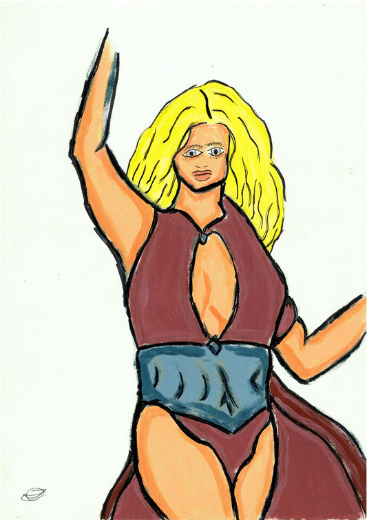 A hand-drawn illustration of a woman with bright yellow hair, wearing a maroon top and blue bottoms, set against a plain white background.