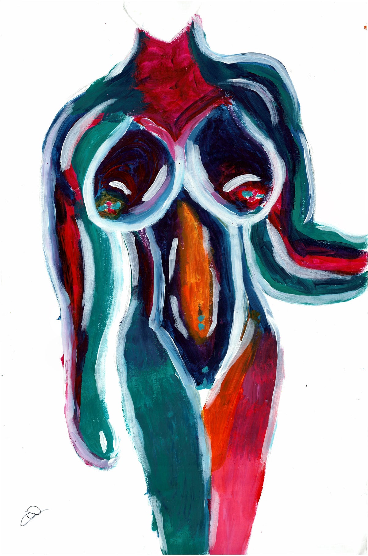 Abstract figurative painting of a stylized human figure with large eyes, rendered in bold brushstrokes of teal, red, orange, black, and white on a white background.