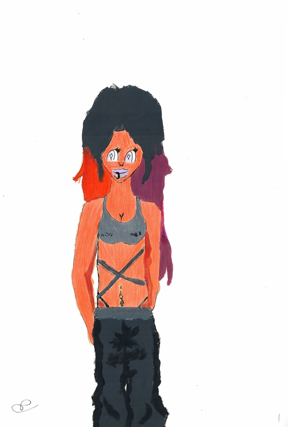 A stylized hand-drawn illustration of a person with black hair, orange skin, a gray strappy top, and dark pants on a plain white background.