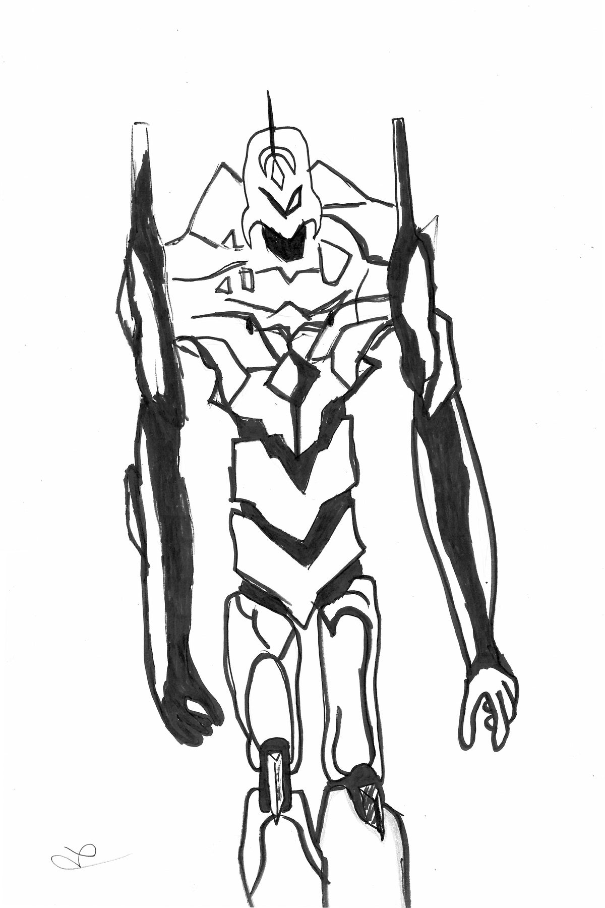 A black and white ink sketch of a mecha robot, resembling Evangelion, on a plain white background.