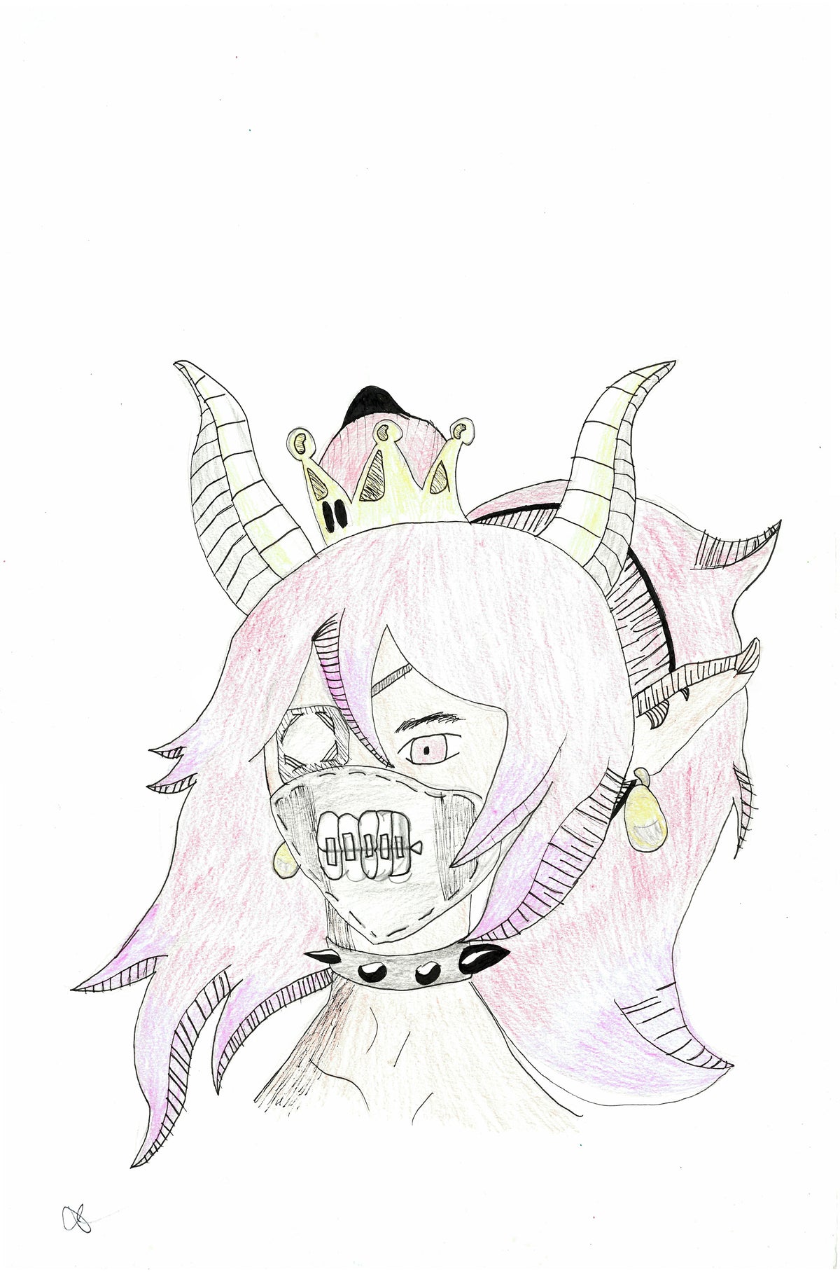 A hand-drawn anime-style character illustration on a white background, featuring long pink hair, horned headgear, a crown, and a skeletal face design.