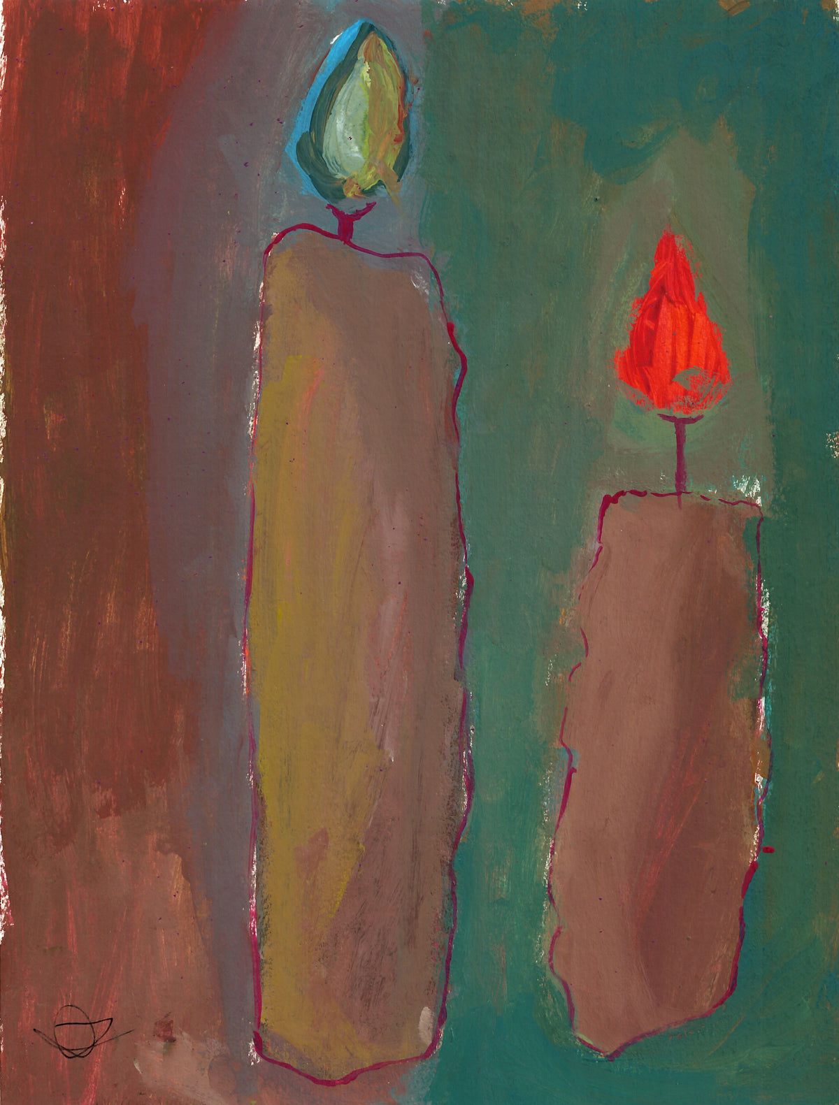An abstract painting depicting two stylized candles, one tall and yellow with a blue flame, and one shorter and brown with a red flame, set against a teal and reddish-brown textured background.