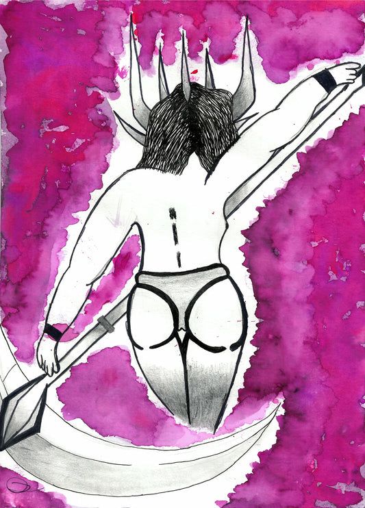 Watercolor and ink illustration of a horned female figure seen from behind, holding a large scythe, set against a vivid magenta and purple watercolor background.