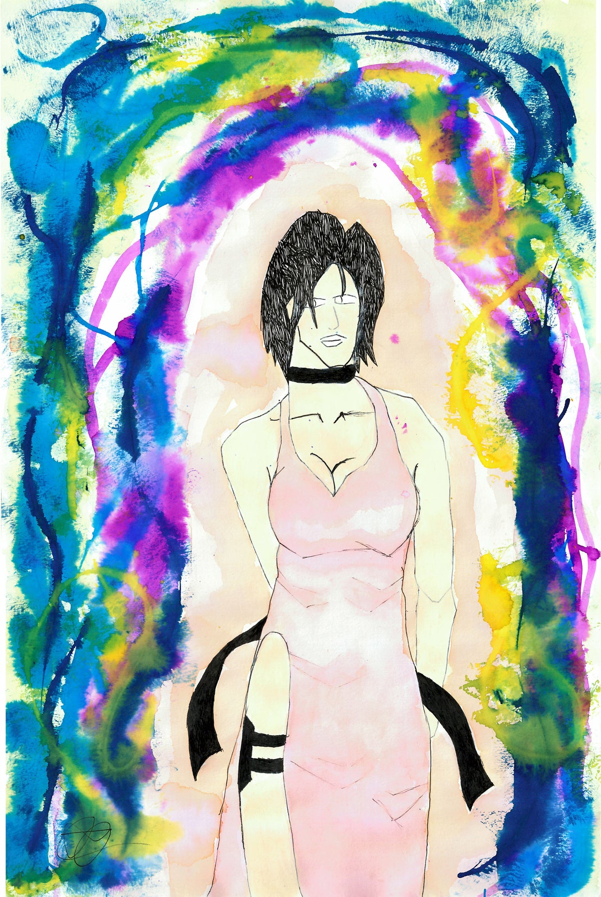 A colorful anime-style illustration of a woman with short black hair wearing a pink dress, framed by an abstract, swirling multicolor background of blue, green, purple, yellow, and pink.